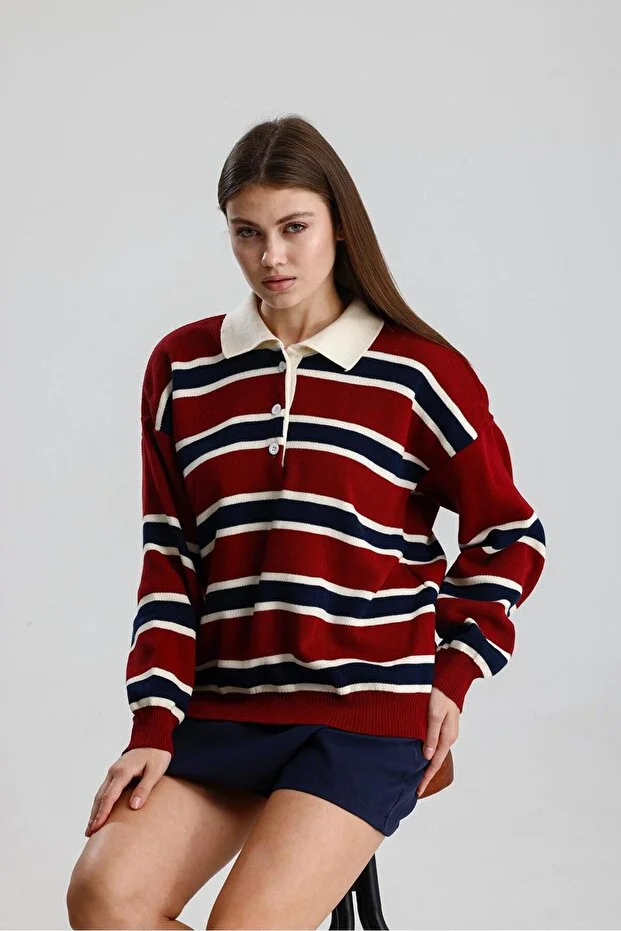  Kadın Kazak Düğmeli Polo Yaka Çizgili Oversize Triko Kazak